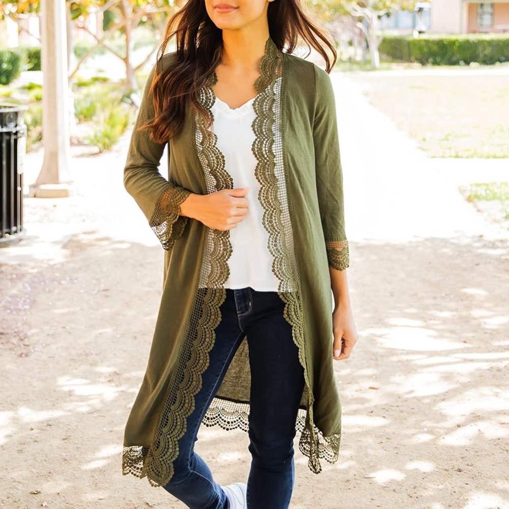 Long Green Cardigan with Lace Details | Size M
